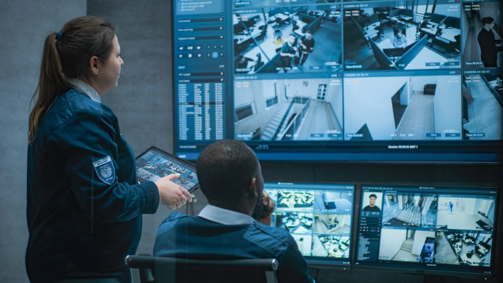 Two security officers reviewing footage.