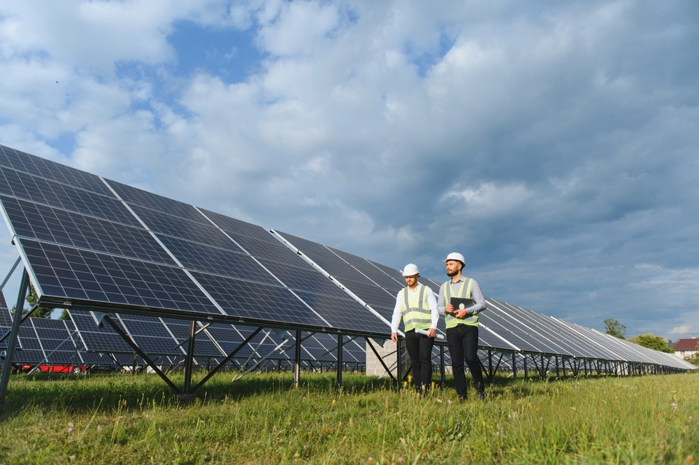 Two workers walking past a large solar panel.